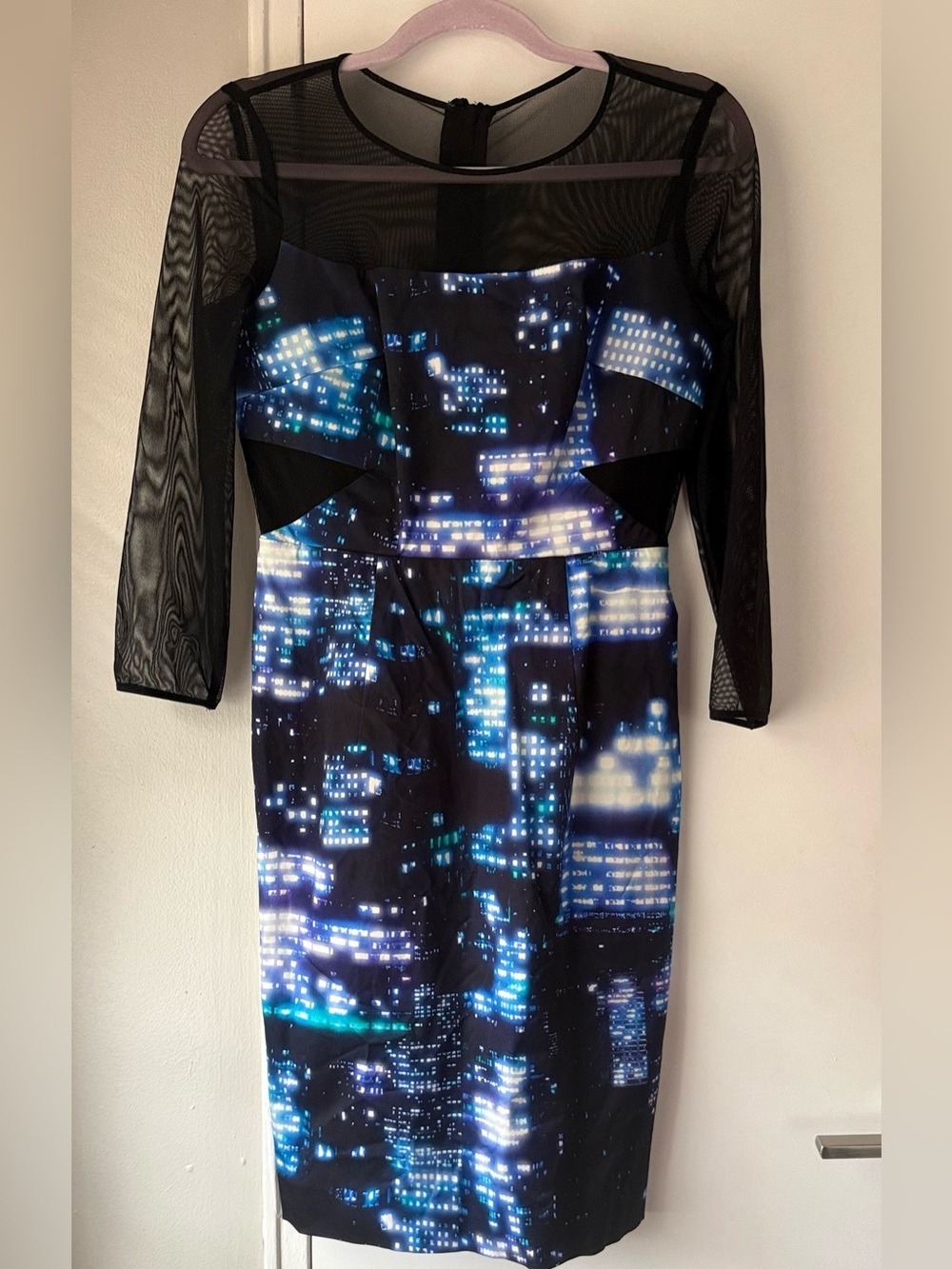 Milly Mesh Paneled Cityscape Print Dress Elsa Midi Blue Black Sz 2 $435 NWT
